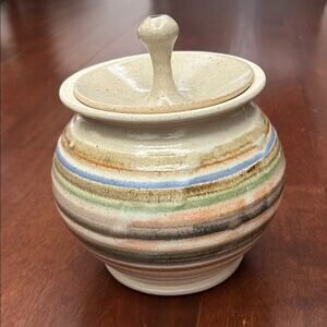 Vintage Handmade Ceramic Lidded Jar in Cream with Multicolor Stripes, 70s Vibes